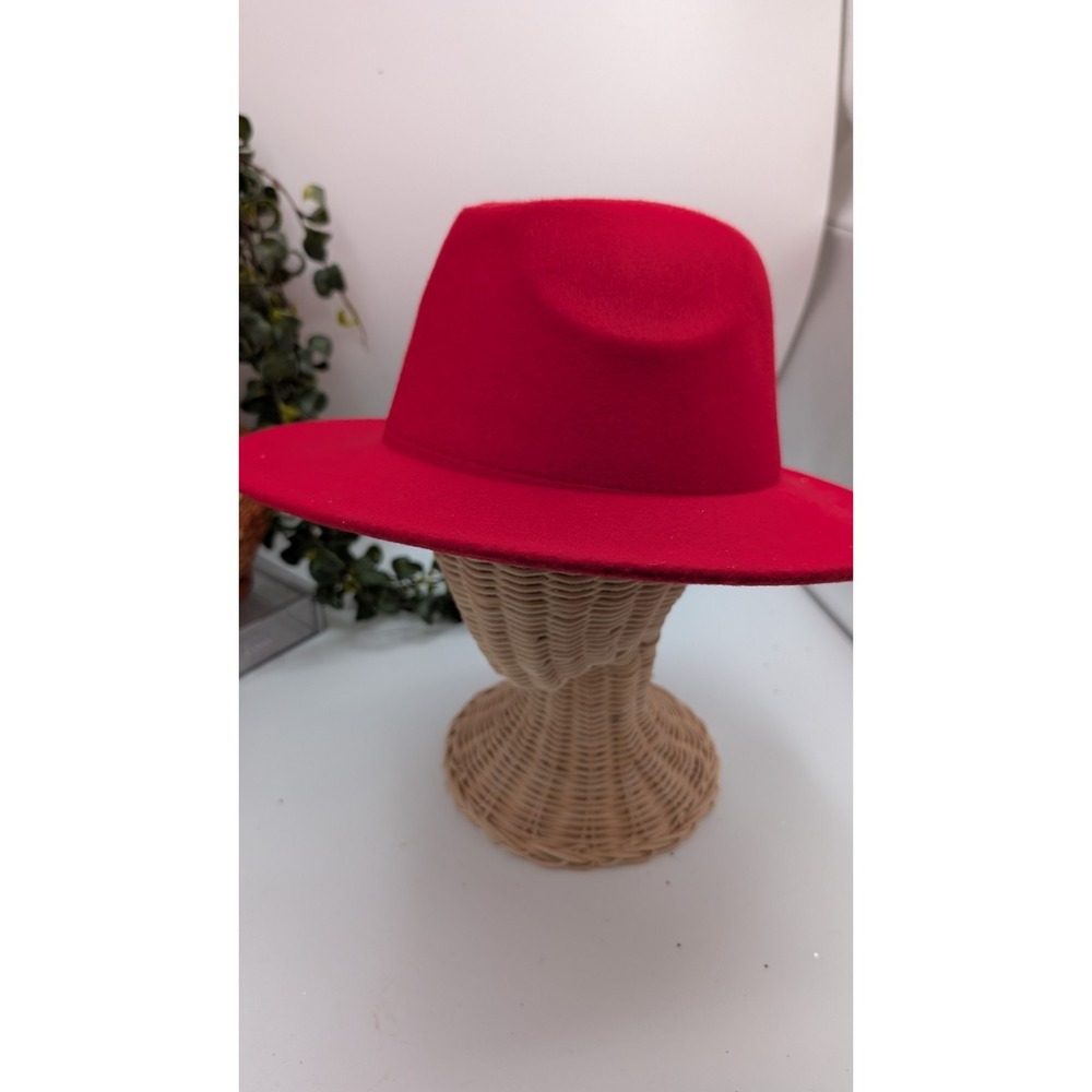 Red Wide Brim Wool Felt Hat Fedora Style One Size Statement Hat